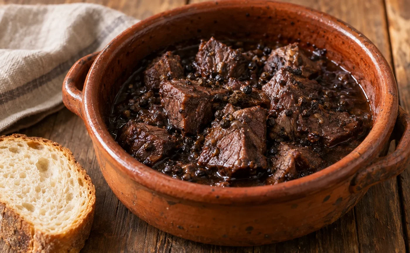 Peposo all'Imprunetina in casseruola di coccio con manzo e fondo al vino rosso