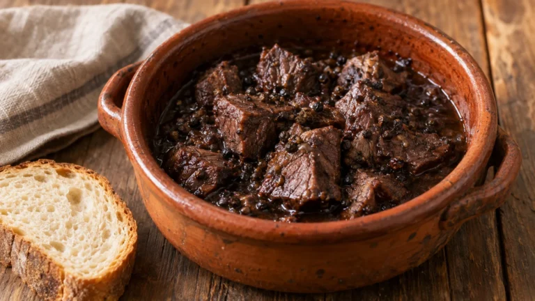 Peposo all'Imprunetina in casseruola di coccio con manzo e fondo al vino rosso