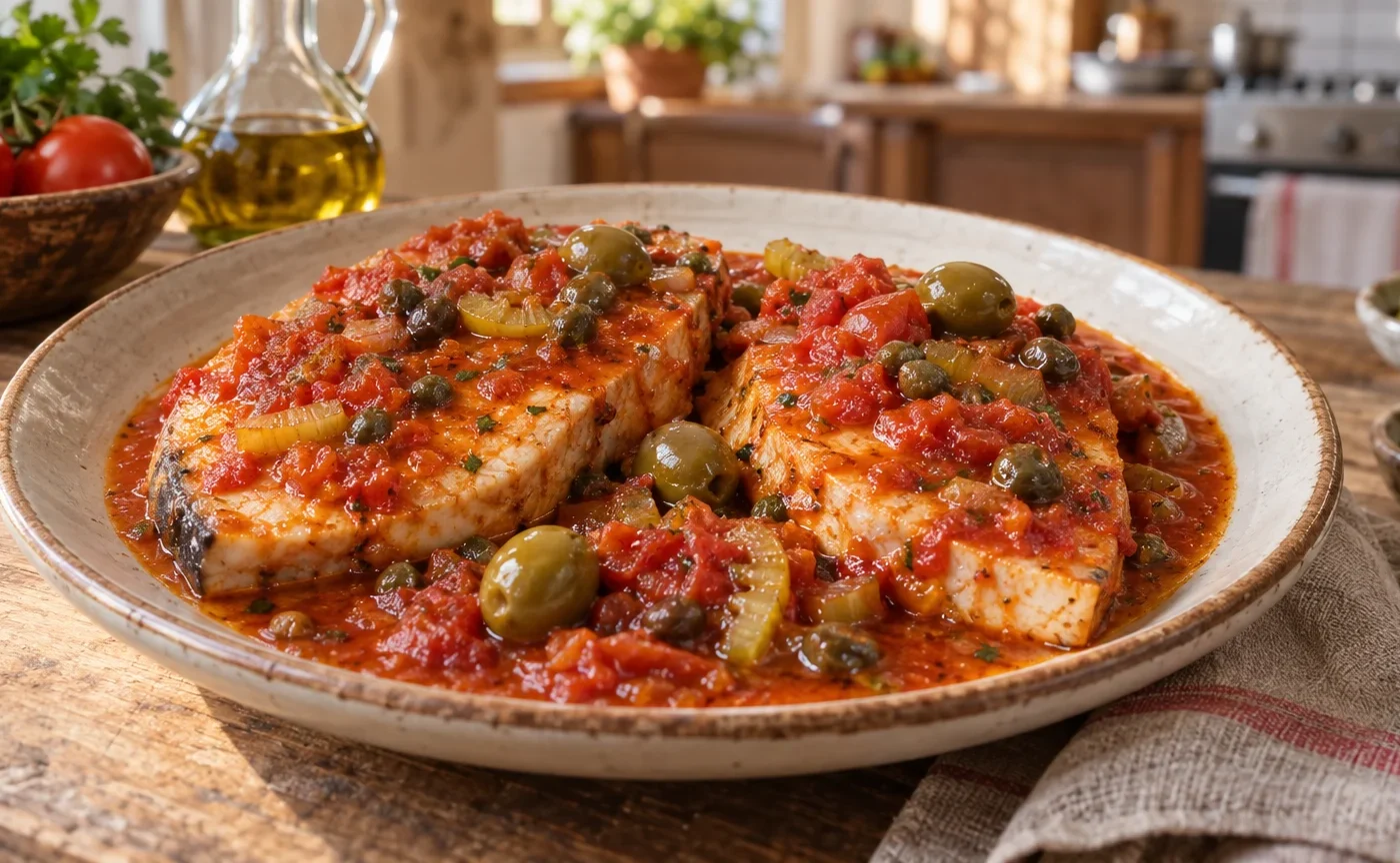 Pesce spada alla ghiotta calabrese con sugo di pomodoro, olive verdi, capperi e sedano