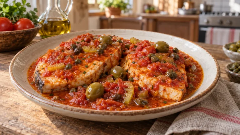 Pesce spada alla ghiotta calabrese con sugo di pomodoro, olive verdi, capperi e sedano