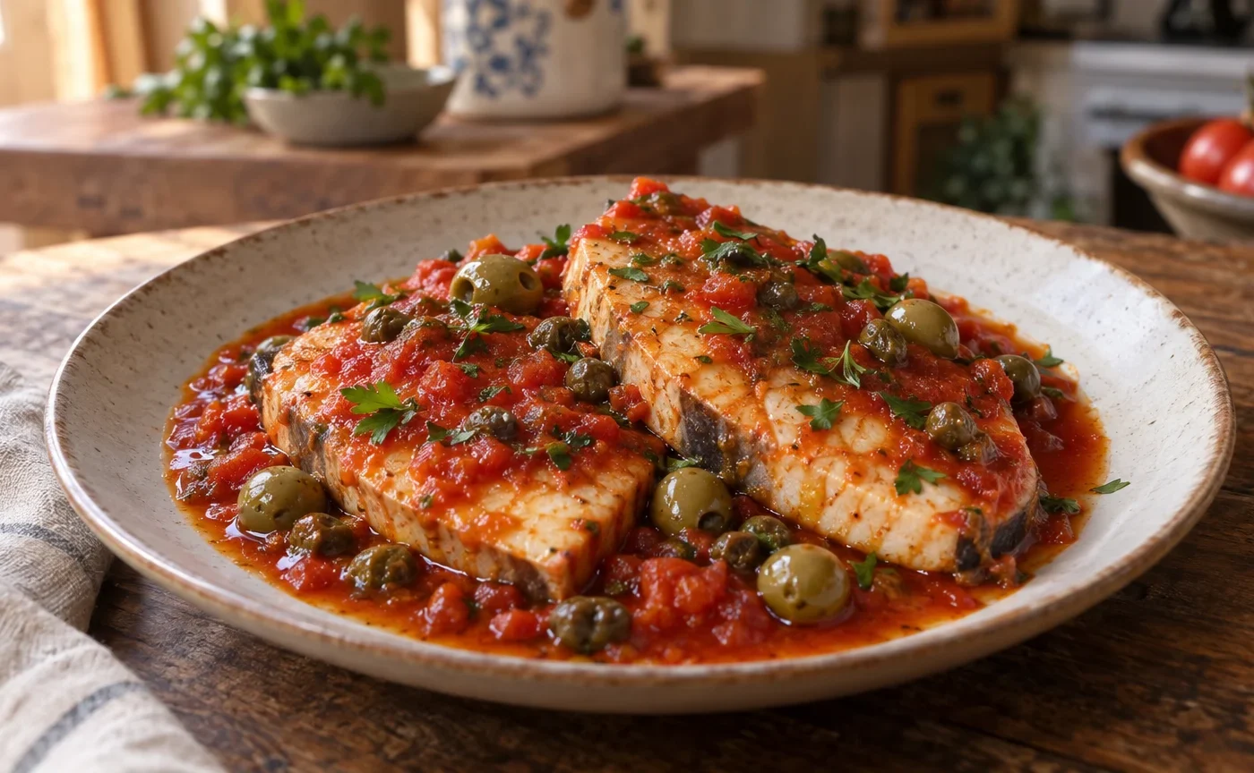 Pesce spada alla siciliana con sugo di pomodoro, capperi e olive in un piatto di ceramica