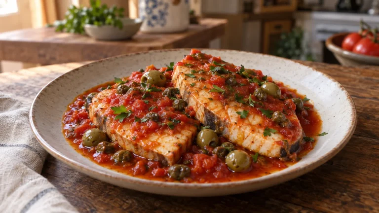 Pesce spada alla siciliana con sugo di pomodoro, capperi e olive in un piatto di ceramica