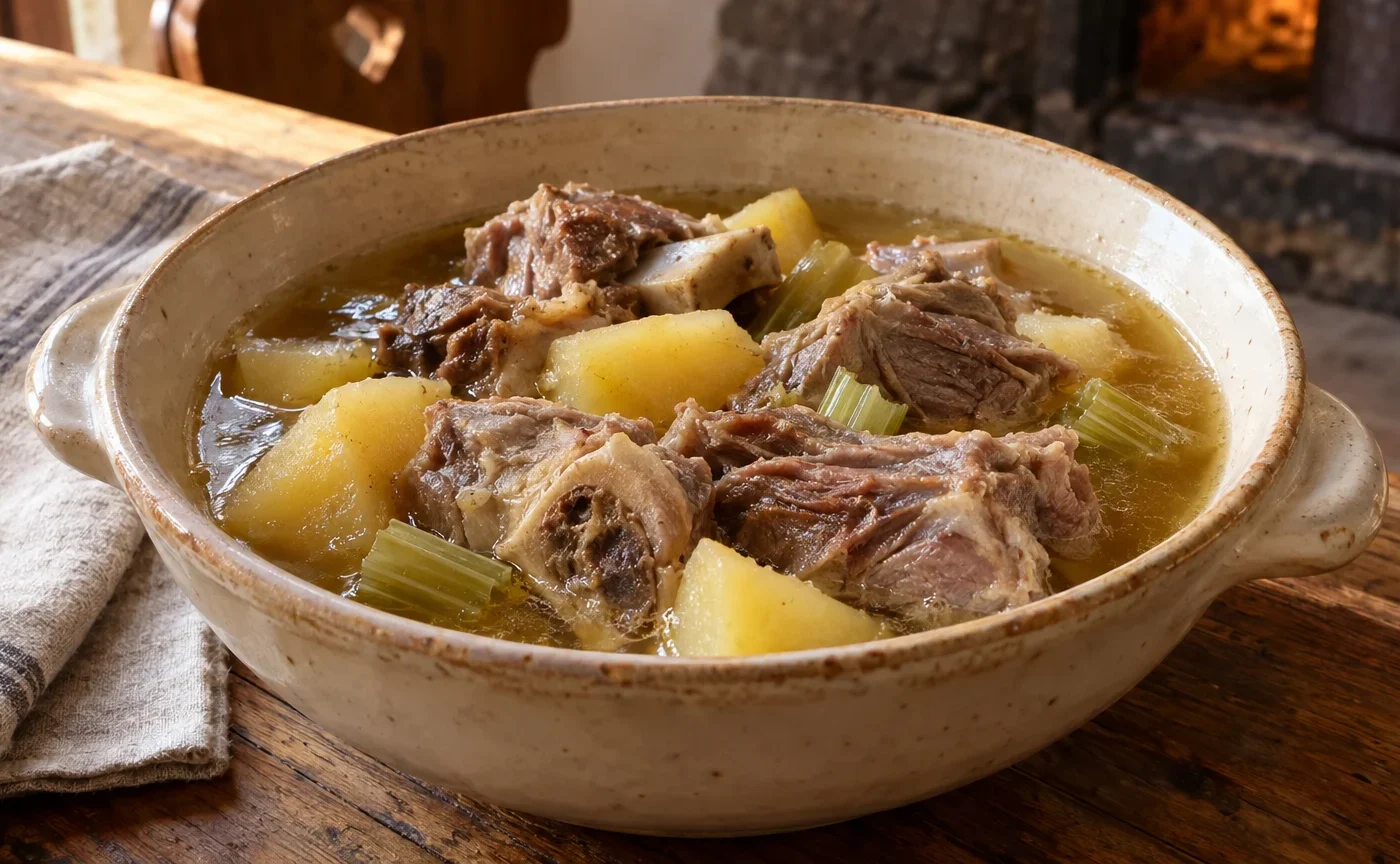 Pezzata di Capracotta con carne di pecora, patate e brodo servita in fondina