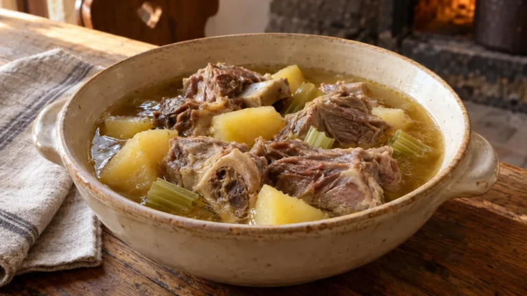 Pezzata di Capracotta con carne di pecora, patate e brodo servita in fondina