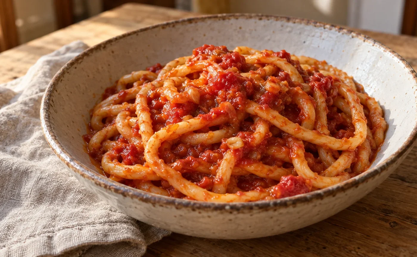 Pici all’aglione con sugo di pomodoro e aglione serviti in un piatto di ceramica