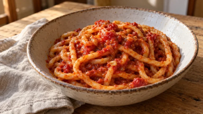 Pici all’aglione con sugo di pomodoro e aglione serviti in un piatto di ceramica