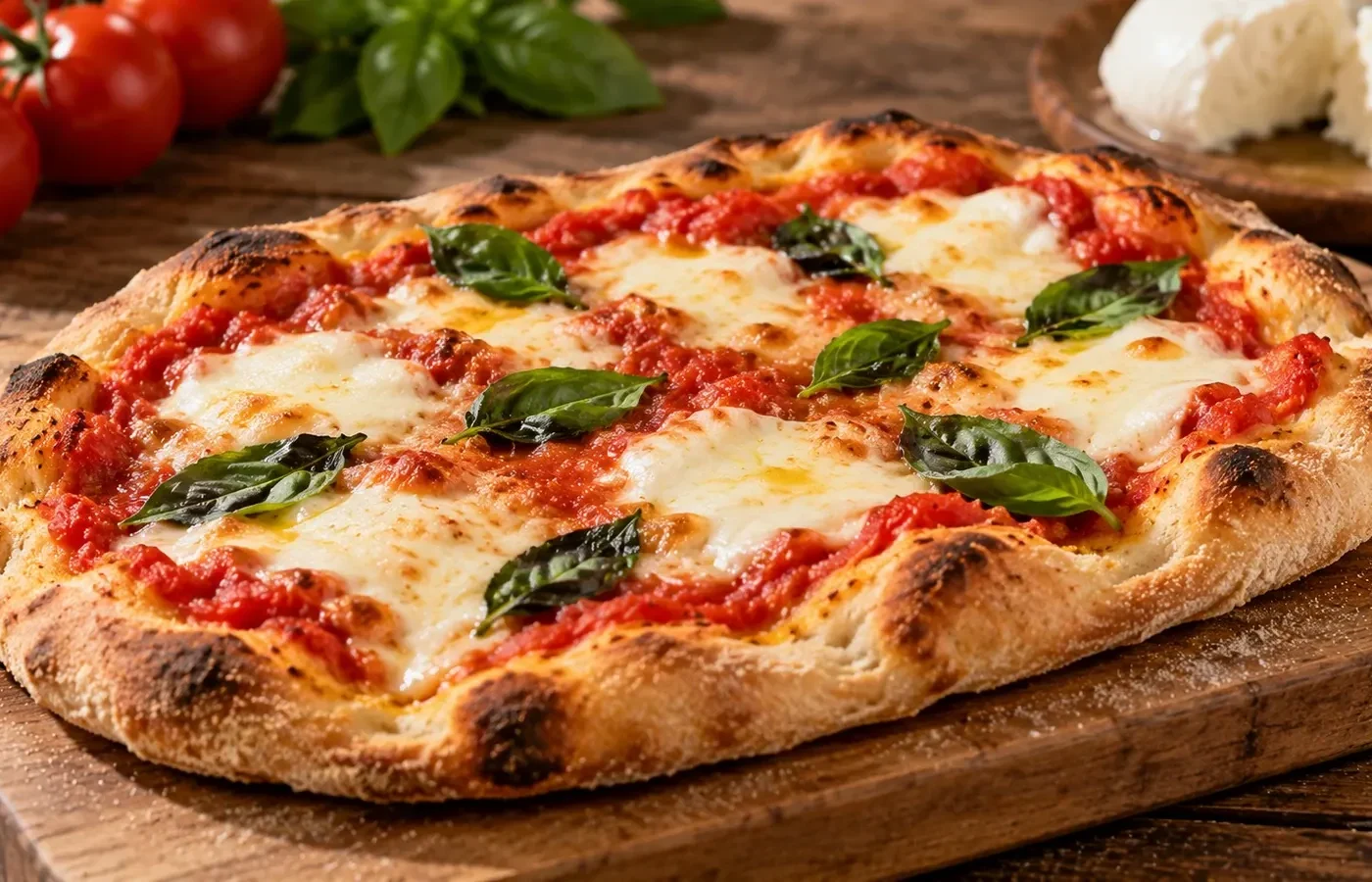 Pinsa Romana Margherita ovale con pomodoro, mozzarella, basilico e bordo alveolato