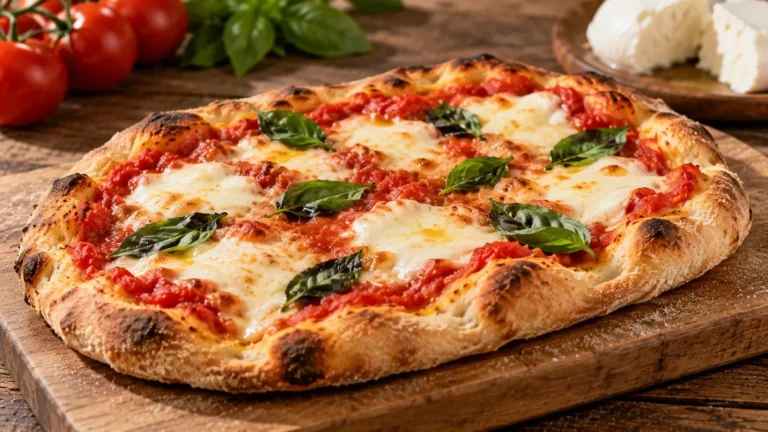 Pinsa Romana Margherita ovale con pomodoro, mozzarella, basilico e bordo alveolato