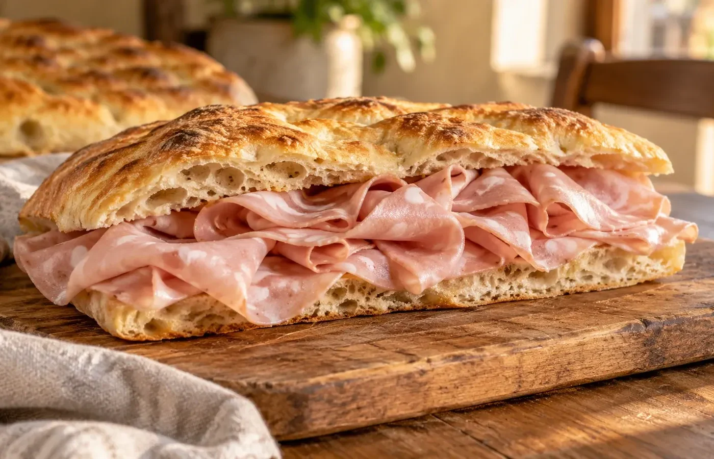 Pizza bianca dei Castelli Romani farcita con mortadella affettata sottile