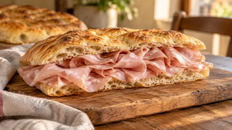 Pizza bianca dei Castelli Romani farcita con mortadella affettata sottile