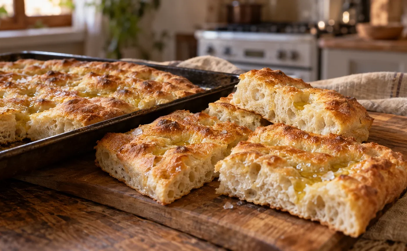 Pizza bianca romana dorata in teglia con olio e sale grosso