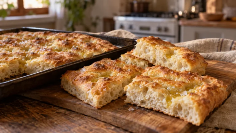 Pizza bianca romana dorata in teglia con olio e sale grosso