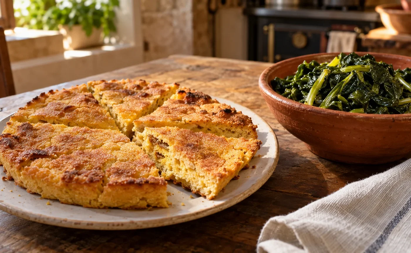 Pizza di farina di mais in spicchi servita con cicoria condita all'olio