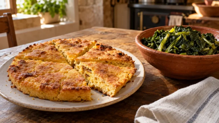 Pizza di farina di mais in spicchi servita con cicoria condita all'olio