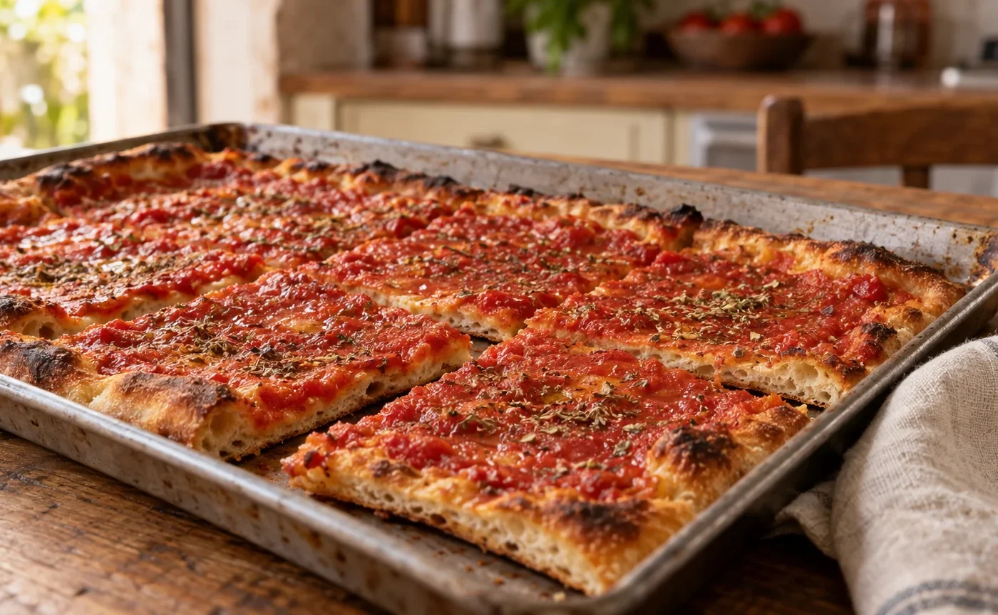 Pizza rossa romana in teglia con pomodoro e origano, tagliata a tranci
