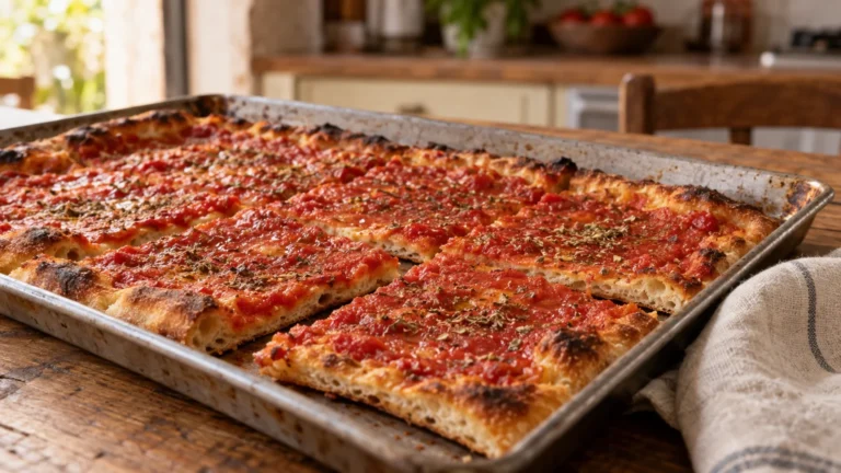 Pizza rossa romana in teglia con pomodoro e origano, tagliata a tranci