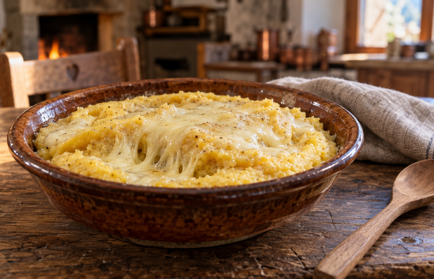 Polenta concia valdostana cremosa e filante con fontina fusa servita in una ciotola rustica