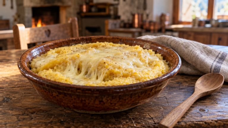 Polenta concia valdostana cremosa e filante con fontina fusa servita in una ciotola rustica