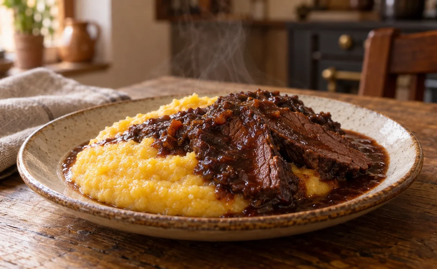 Polenta morbida con fette di brasato di manzo e salsa al vino rosso