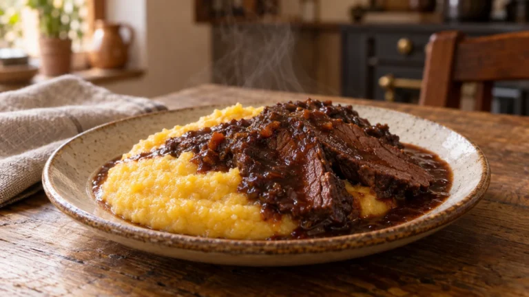 Polenta morbida con fette di brasato di manzo e salsa al vino rosso