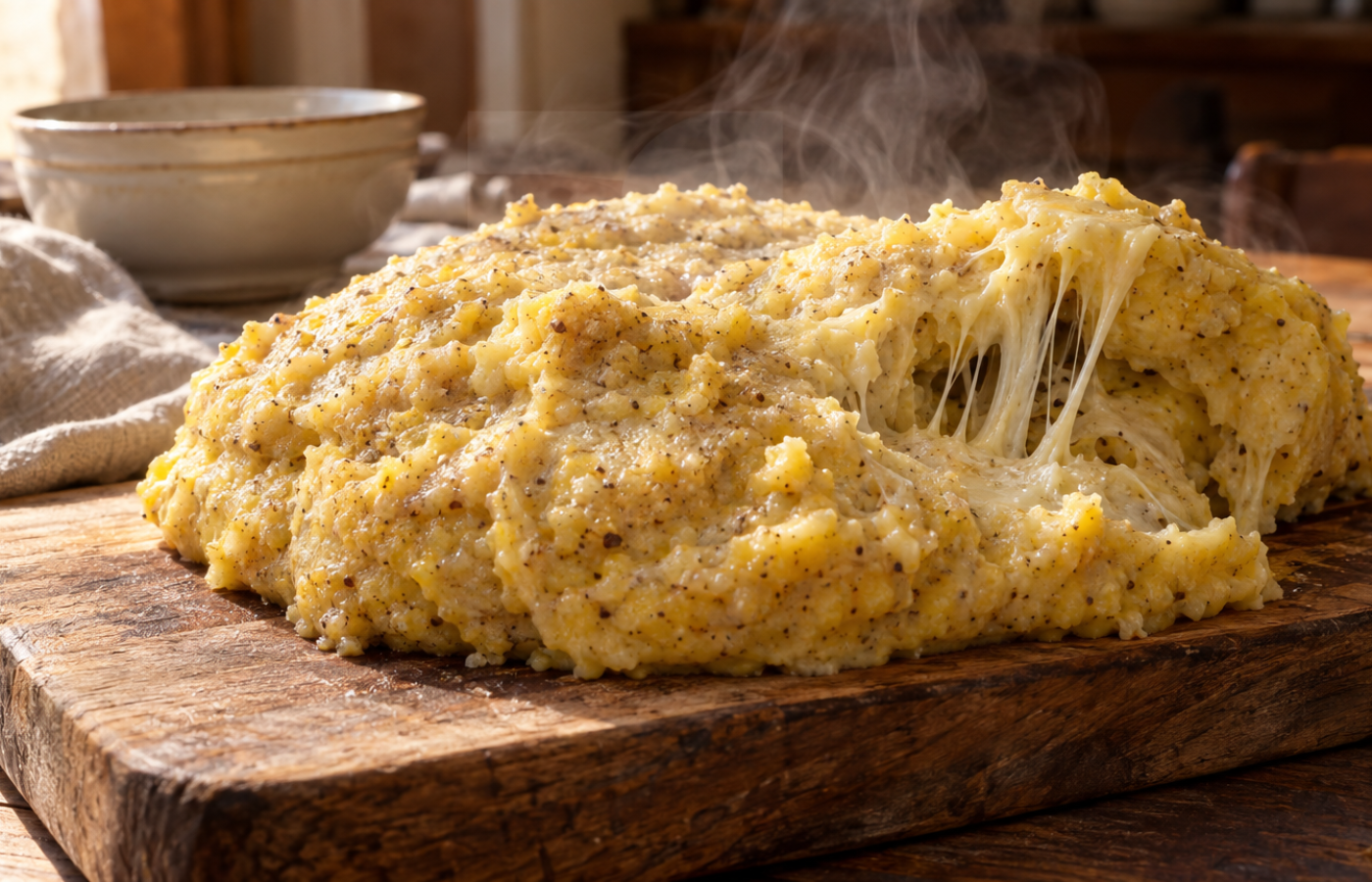Polenta taragna lombarda cremosa e filante servita calda su tagliere di legno