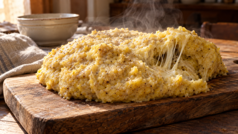 Polenta taragna lombarda cremosa e filante servita calda su tagliere di legno
