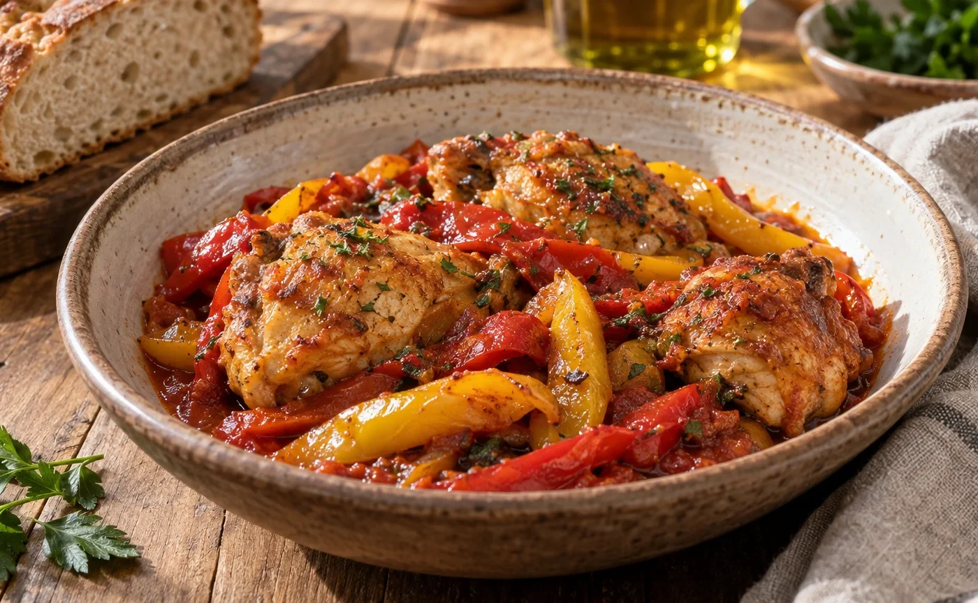 Pollo con peperoni alla romana servito con sugo di pomodoro in un piatto rustico