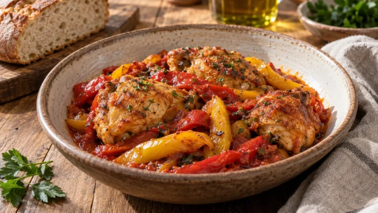 Pollo con peperoni alla romana servito con sugo di pomodoro in un piatto rustico