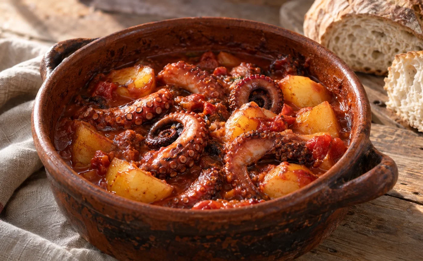 Polpo alla pignata salentina con patate e pomodori in pentola di terracotta