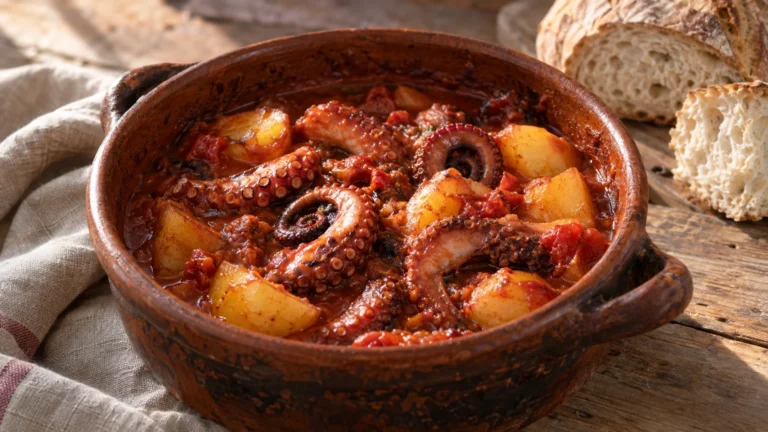 Polpo alla pignata salentina con patate e pomodori in pentola di terracotta