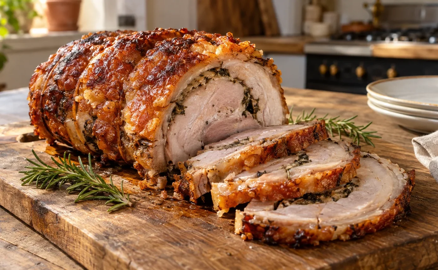 Porchetta di Ariccia in versione domestica affettata, con cotenna dorata e croccante