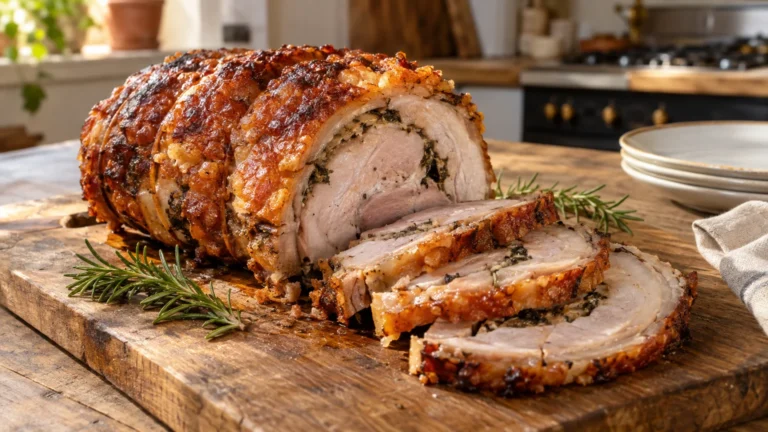 Porchetta di Ariccia in versione domestica affettata, con cotenna dorata e croccante