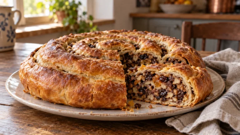 Fetta di presnitz triestino di pasta sfoglia con frutta secca, uvetta e cioccolato