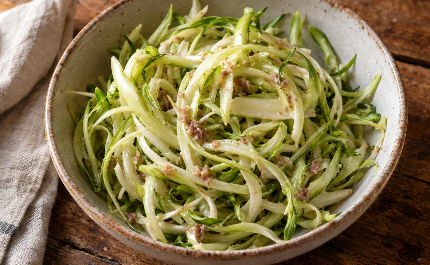 Puntarelle alla romana condite con salsa di acciughe in una ciotola di ceramica