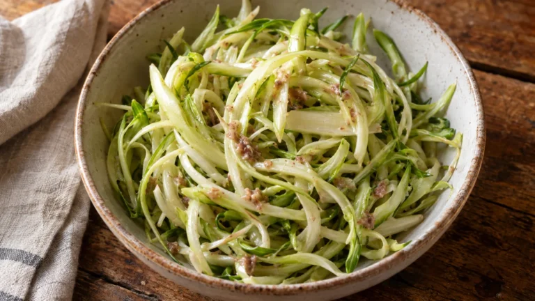 Puntarelle alla romana condite con salsa di acciughe in una ciotola di ceramica