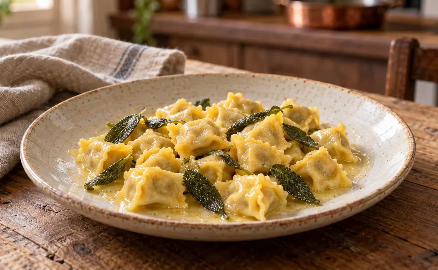 Ravioli del plin piemontesi conditi con burro fuso e salvia