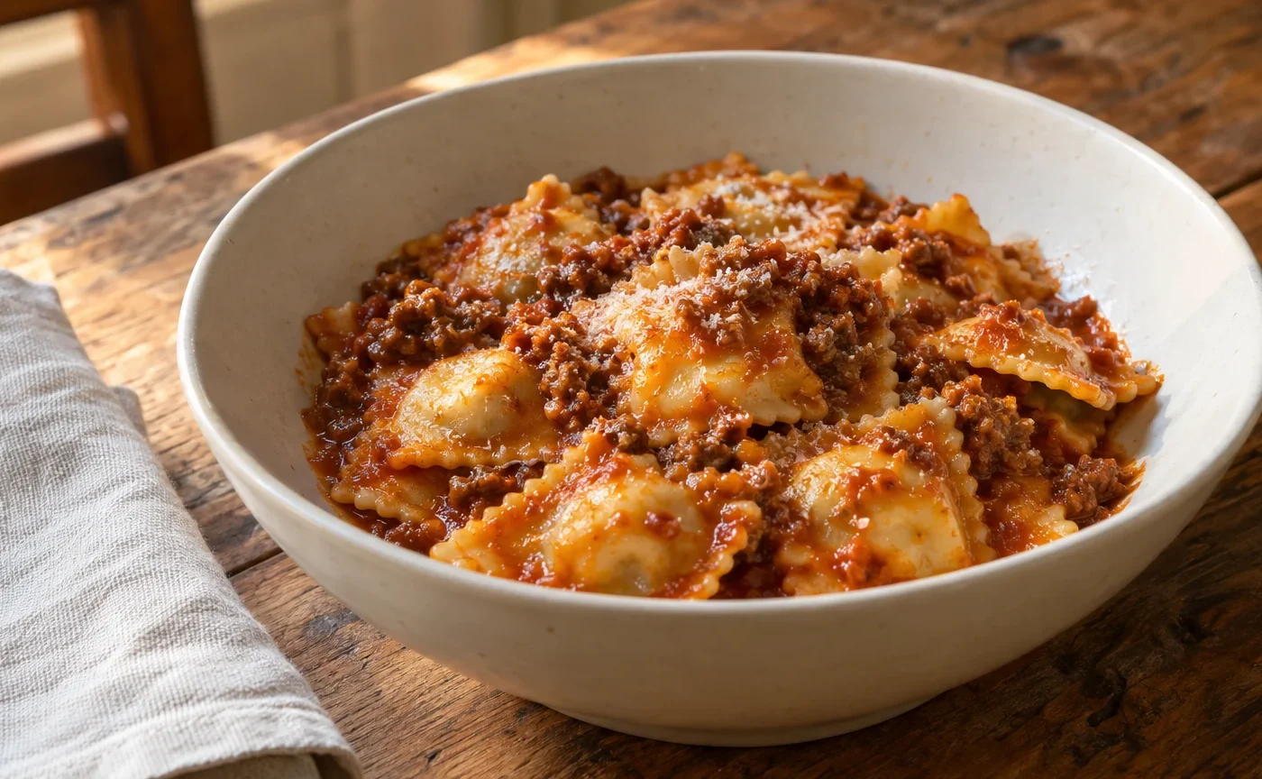 Ravioli genovesi al tocco serviti con sugo di manzo ristretto