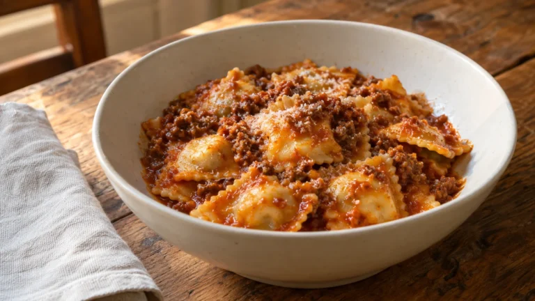 Ravioli genovesi al tocco serviti con sugo di manzo ristretto