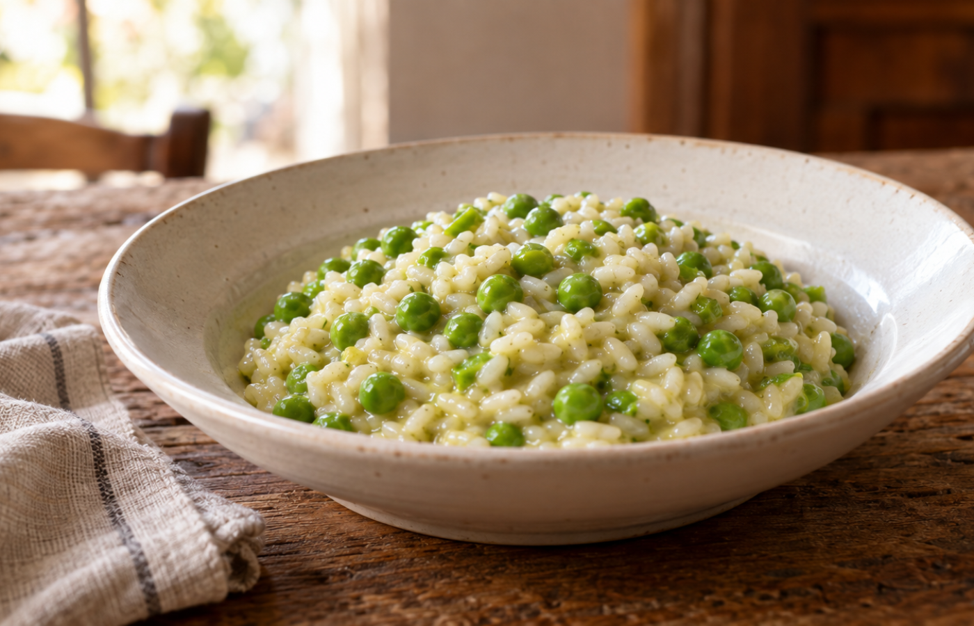 Risi e bisi alla veneta cremosi serviti in un piatto di ceramica