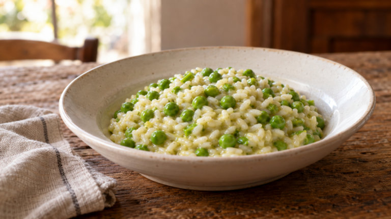 Risi e bisi alla veneta cremosi serviti in un piatto di ceramica