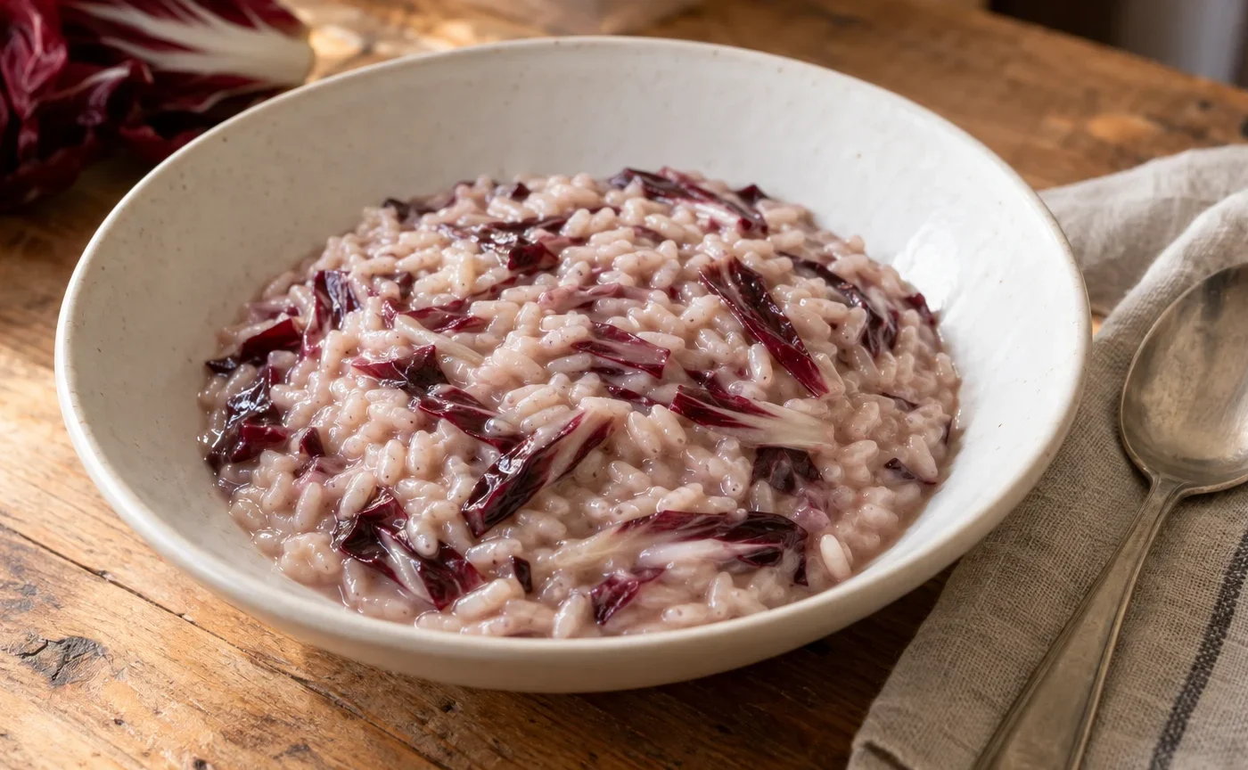 Risotto al radicchio trevigiano cremoso servito in un piatto di ceramica