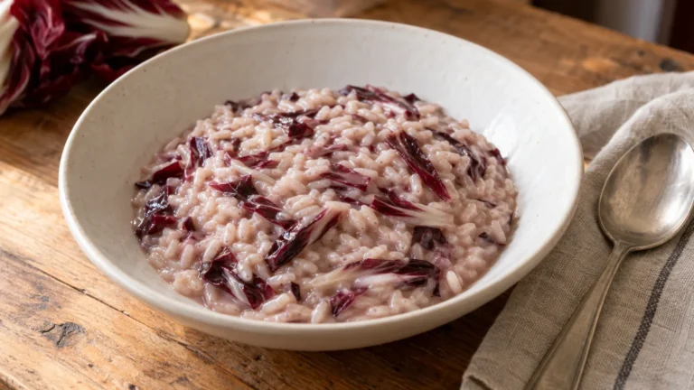 Risotto al radicchio trevigiano cremoso servito in un piatto di ceramica