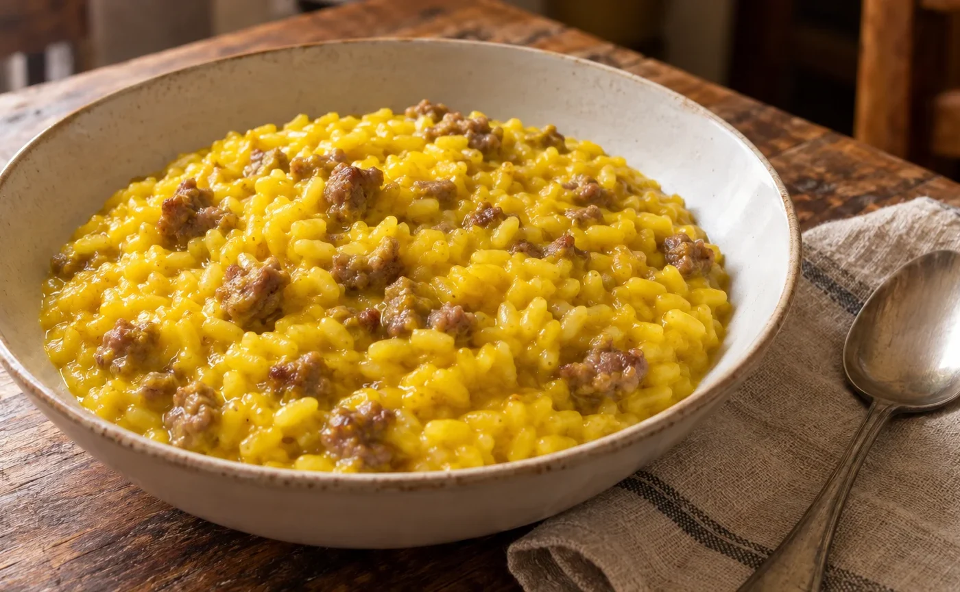 Risotto alla monzese cremoso con luganega sgranata e zafferano in piatto di ceramica