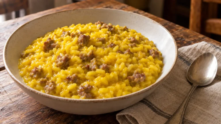 Risotto alla monzese cremoso con luganega sgranata e zafferano in piatto di ceramica