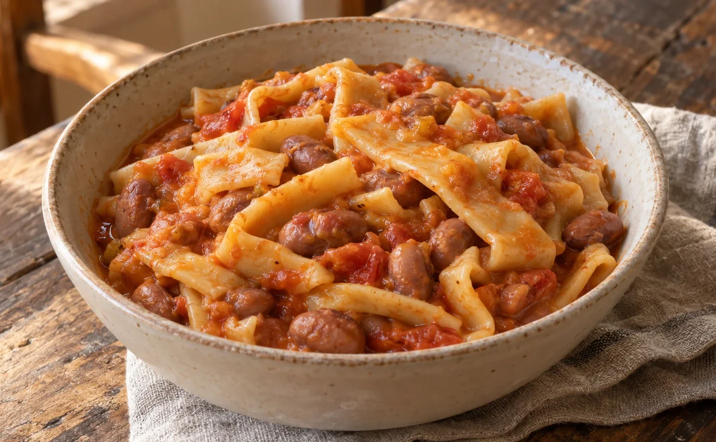 Piatto di sagne e fagioli abruzzesi con pasta fresca, borlotti e pomodoro