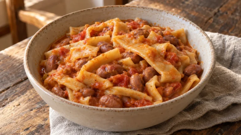 Piatto di sagne e fagioli abruzzesi con pasta fresca, borlotti e pomodoro