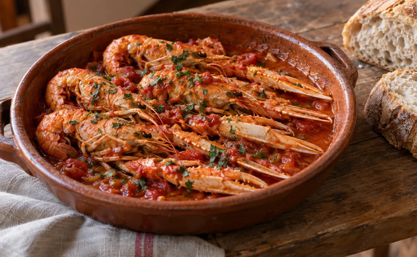 Scampi alla busara serviti in un tegame con salsa di pomodoro e prezzemolo