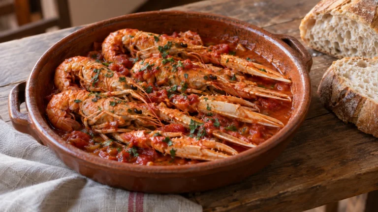 Scampi alla busara serviti in un tegame con salsa di pomodoro e prezzemolo
