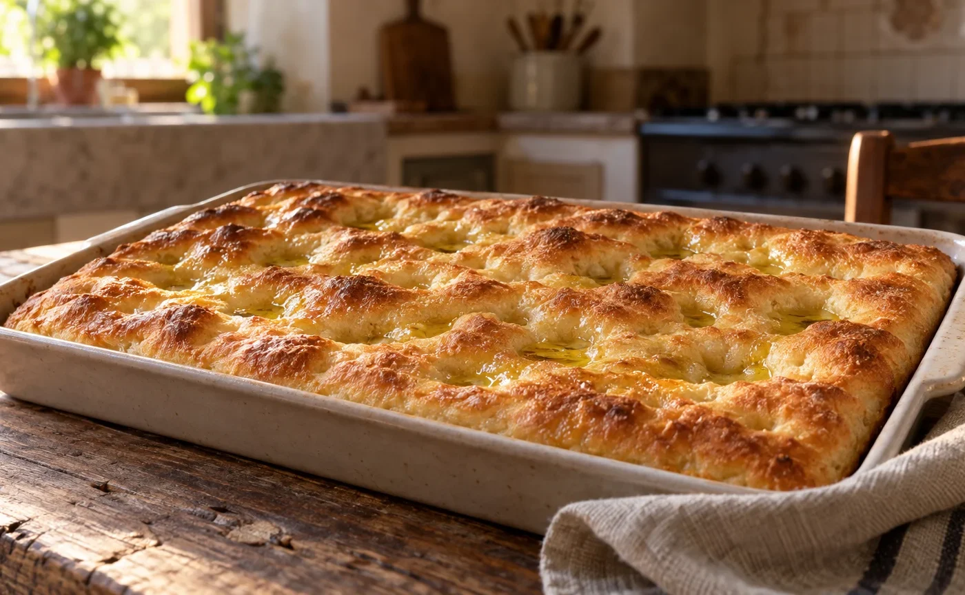 Schiacciata all’olio toscana dorata con incavi lucidi in una teglia rettangolare
