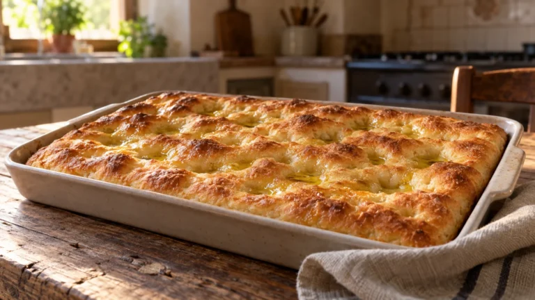 Schiacciata all’olio toscana dorata con incavi lucidi in una teglia rettangolare